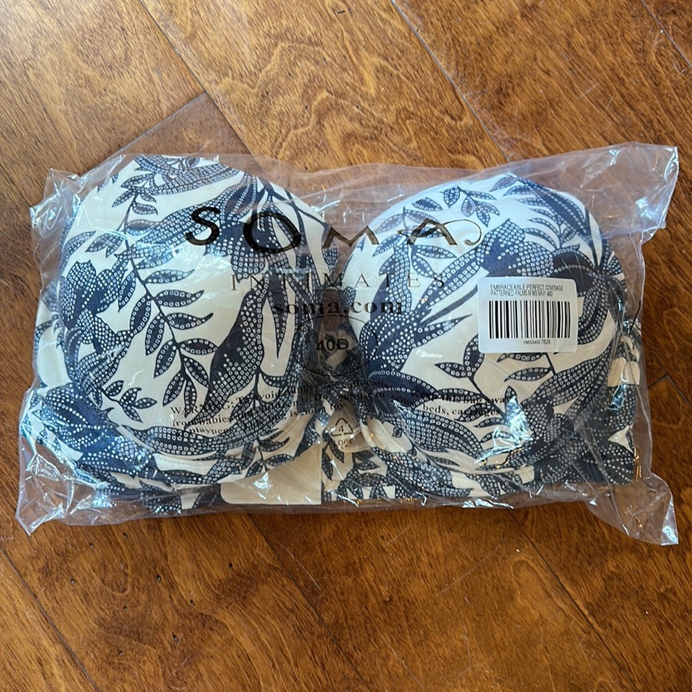Soma Embraceable Full Coverage Bra Size 40D Patterned Palms Navy